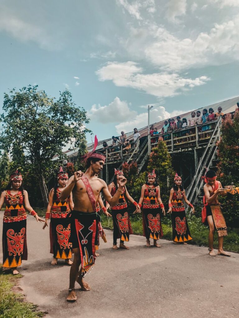 Colorful traditional dance by the Dayak community in West Kalimantan, Indonesia, showcasing rich cultural heritage.