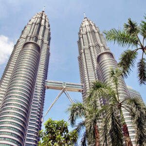 Looking up at the Petronas Towers with palm trees in the forefront